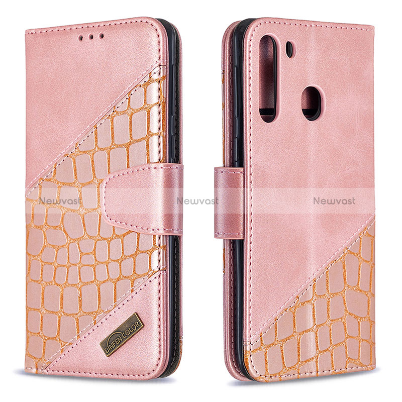 Leather Case Stands Flip Cover Holder B03F for Samsung Galaxy A21 Rose Gold