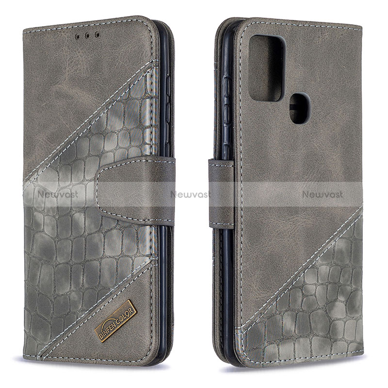 Leather Case Stands Flip Cover Holder B03F for Samsung Galaxy A21s Dark Gray