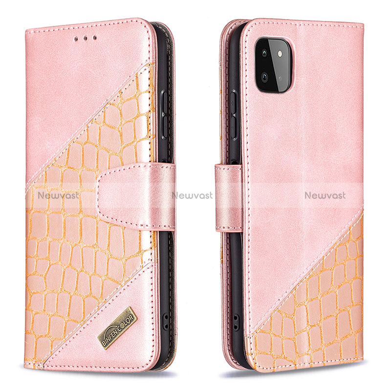 Leather Case Stands Flip Cover Holder B03F for Samsung Galaxy A22 5G Rose Gold