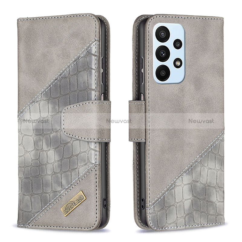 Leather Case Stands Flip Cover Holder B03F for Samsung Galaxy A23 4G Dark Gray