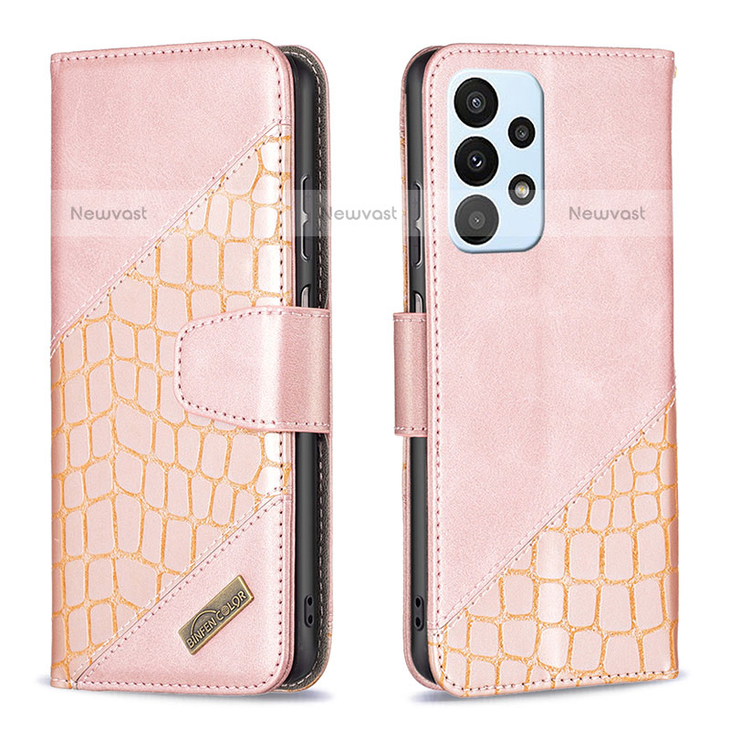 Leather Case Stands Flip Cover Holder B03F for Samsung Galaxy A23 5G Rose Gold