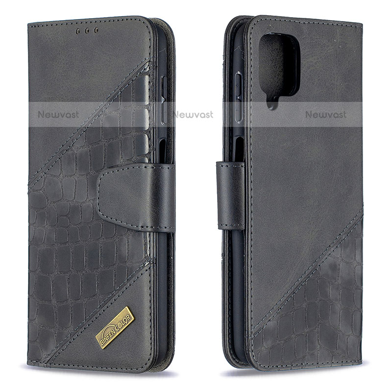 Leather Case Stands Flip Cover Holder B03F for Samsung Galaxy F12 Black