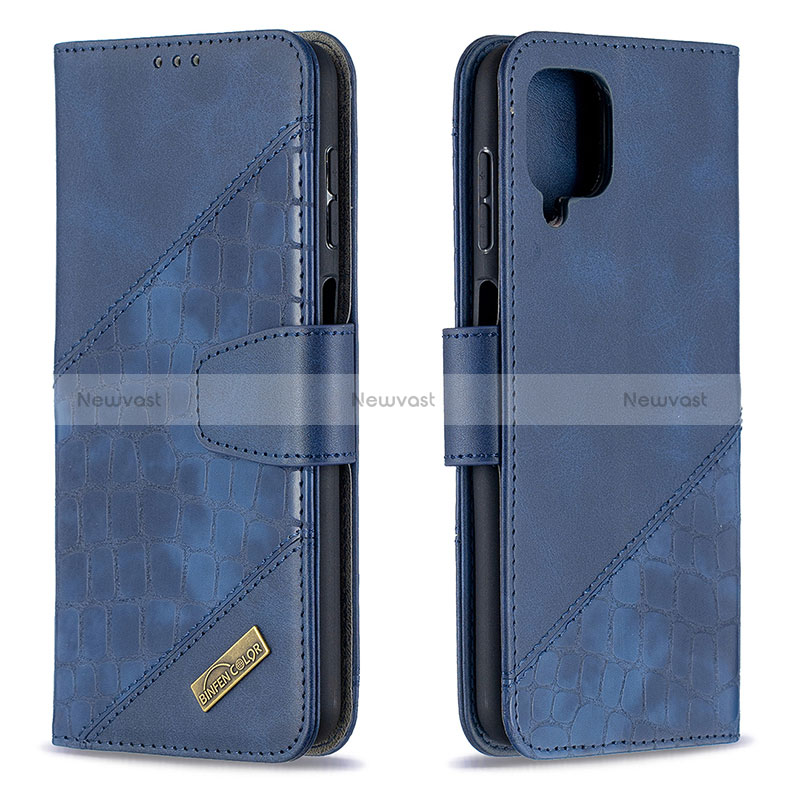 Leather Case Stands Flip Cover Holder B03F for Samsung Galaxy M12 Blue