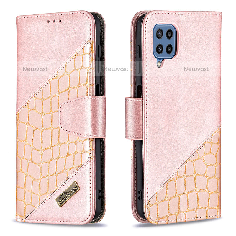 Leather Case Stands Flip Cover Holder B03F for Samsung Galaxy M32 4G Rose Gold