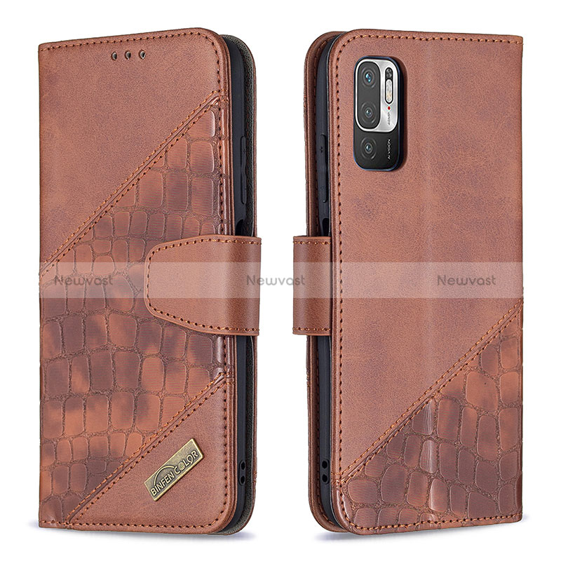 Leather Case Stands Flip Cover Holder B03F for Xiaomi Redmi Note 10 5G Brown
