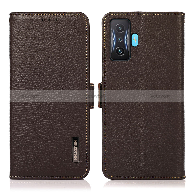 Leather Case Stands Flip Cover Holder B03H for Xiaomi Redmi K50 Gaming AMG F1 5G Brown