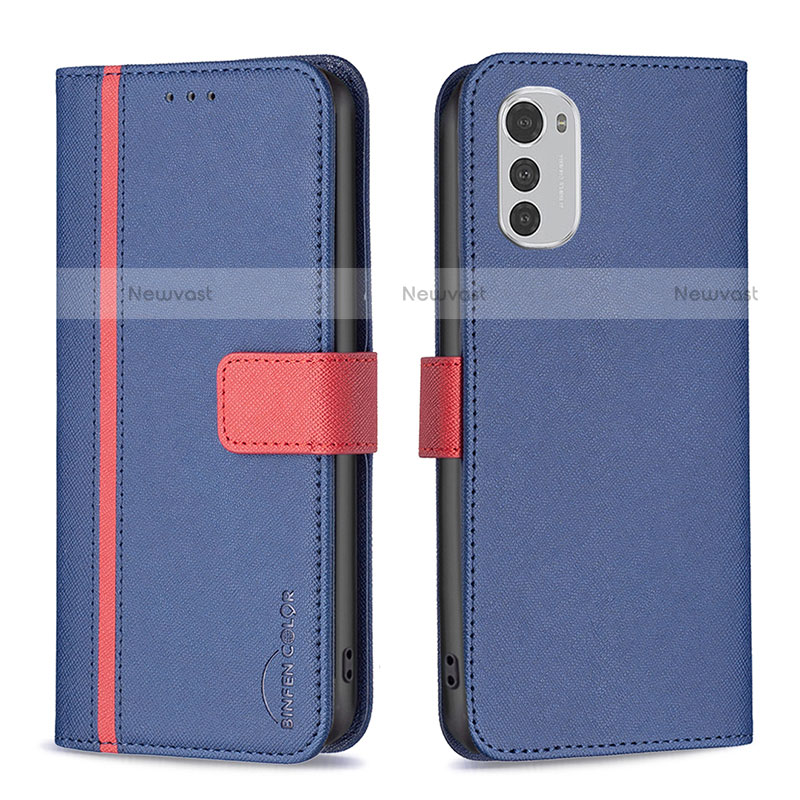 Leather Case Stands Flip Cover Holder B04F for Motorola Moto E32 Blue