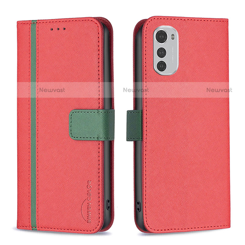 Leather Case Stands Flip Cover Holder B04F for Motorola Moto E32 Red