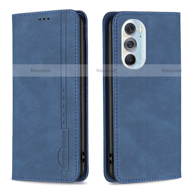 Leather Case Stands Flip Cover Holder B04F for Motorola Moto Edge Plus (2022) 5G Blue