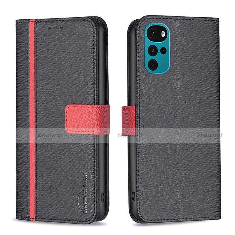 Leather Case Stands Flip Cover Holder B04F for Motorola Moto G22 Black