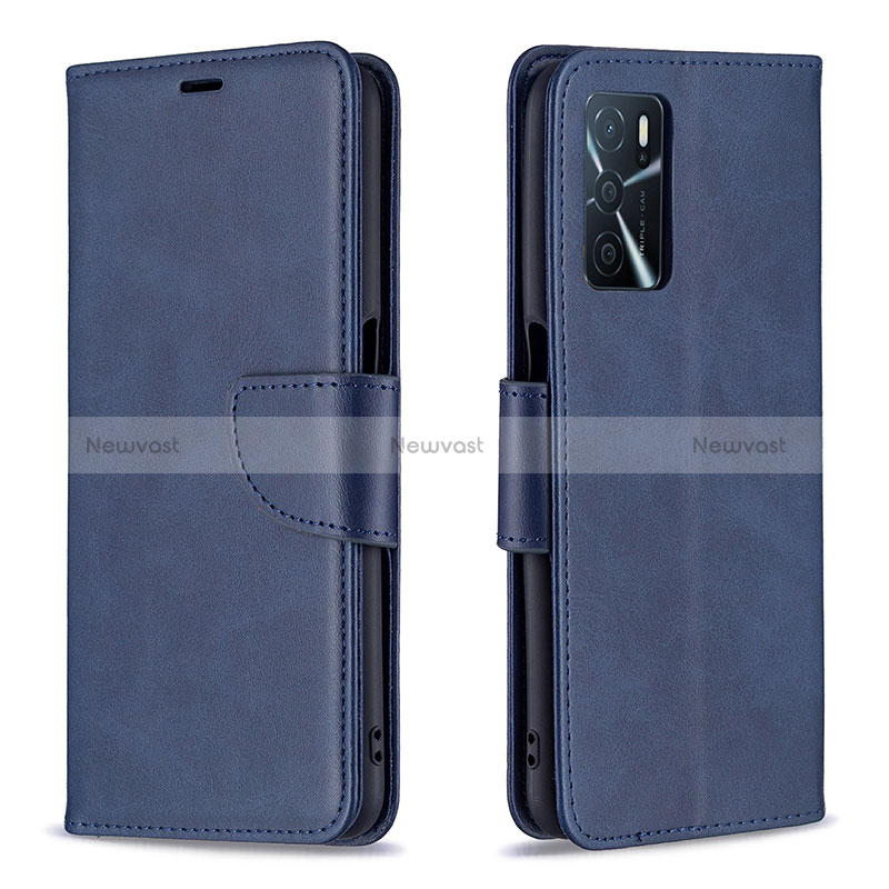 Leather Case Stands Flip Cover Holder B04F for Oppo A16s Blue