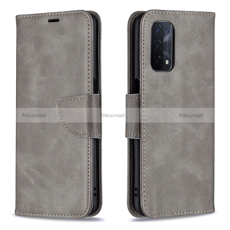 Leather Case Stands Flip Cover Holder B04F for Oppo A54 5G Gray