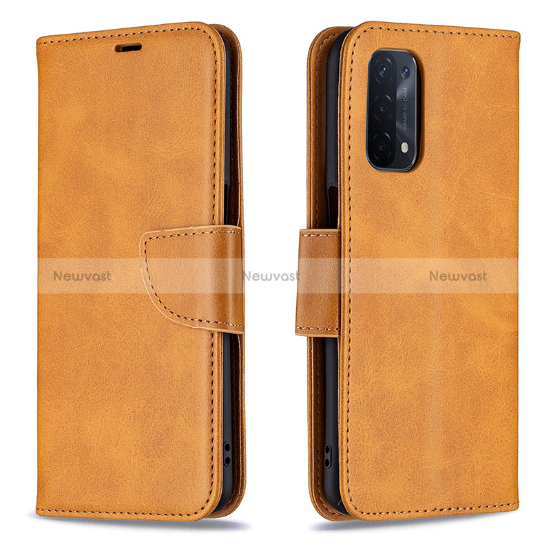 Leather Case Stands Flip Cover Holder B04F for Oppo A54 5G Light Brown