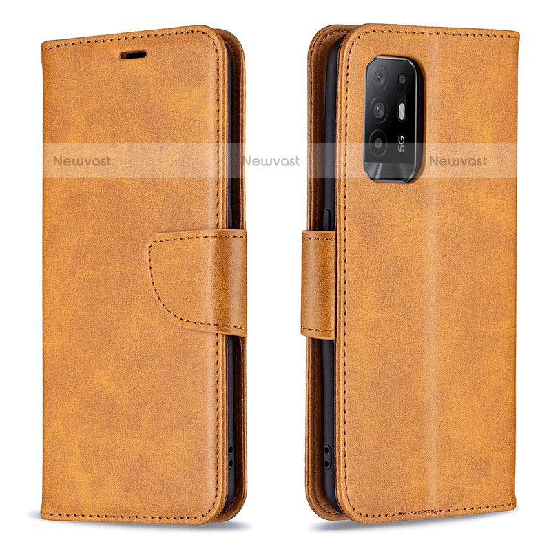 Leather Case Stands Flip Cover Holder B04F for Oppo F19 Pro+ Plus 5G Light Brown