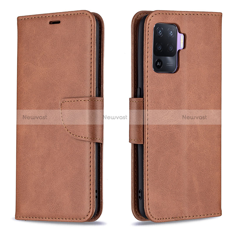 Leather Case Stands Flip Cover Holder B04F for Oppo Reno5 Lite Brown