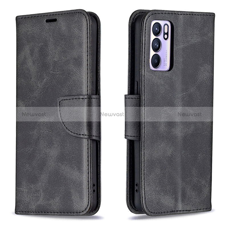 Leather Case Stands Flip Cover Holder B04F for Oppo Reno6 5G Black