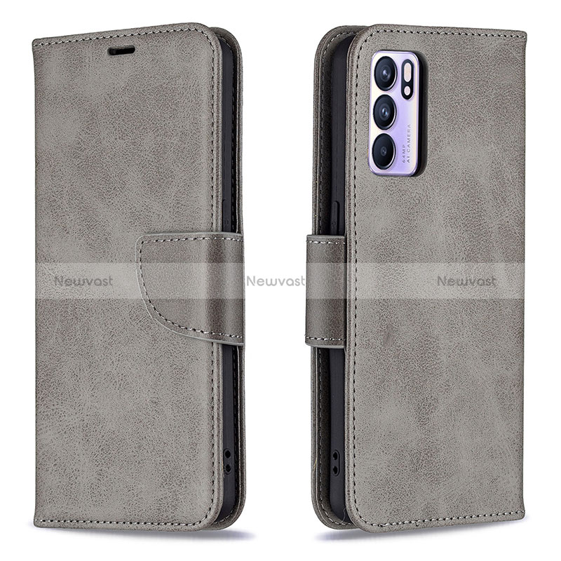 Leather Case Stands Flip Cover Holder B04F for Oppo Reno6 5G Gray