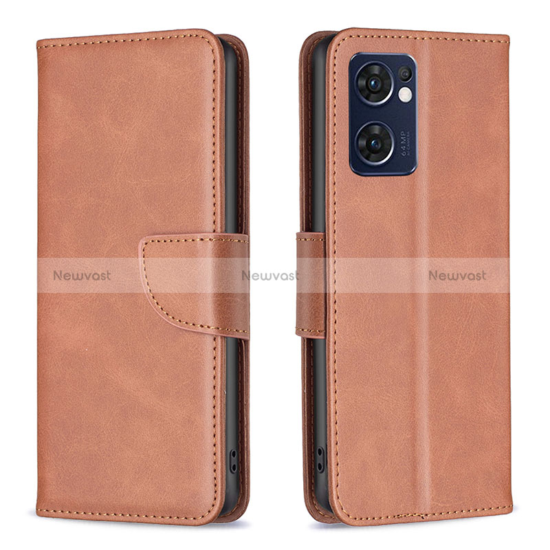 Leather Case Stands Flip Cover Holder B04F for Oppo Reno7 5G Brown