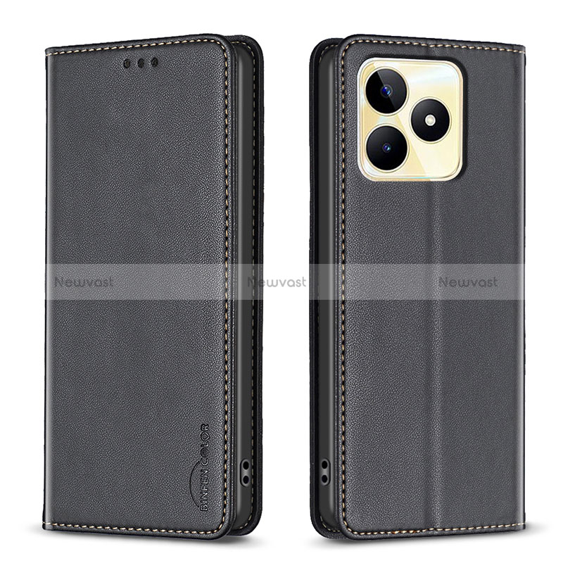 Leather Case Stands Flip Cover Holder B04F for Realme C67 Black