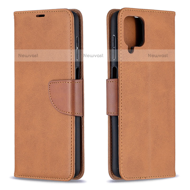 Leather Case Stands Flip Cover Holder B04F for Samsung Galaxy A12 Brown