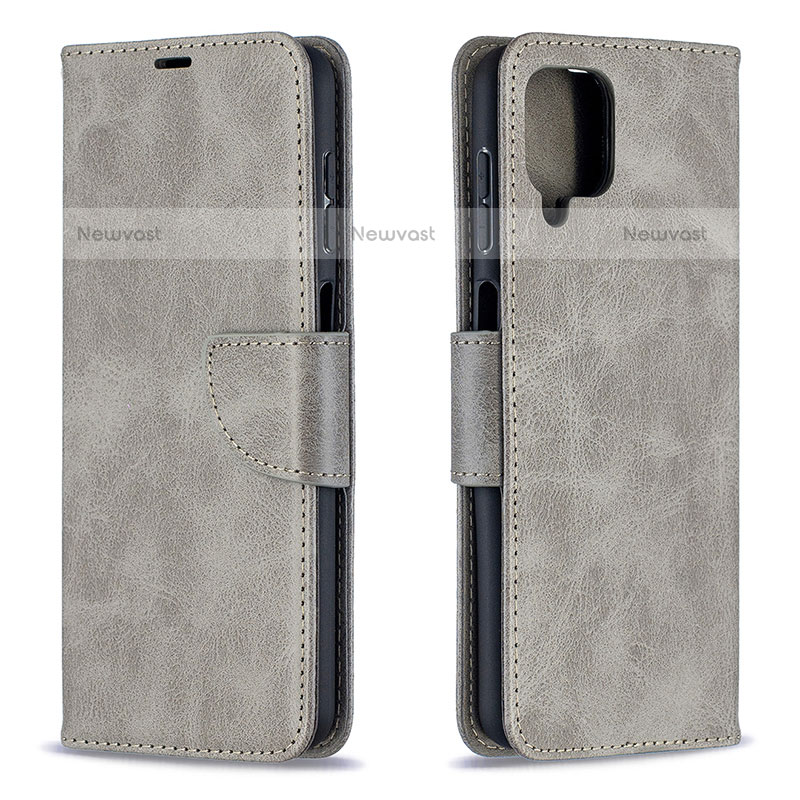 Leather Case Stands Flip Cover Holder B04F for Samsung Galaxy A12 Gray