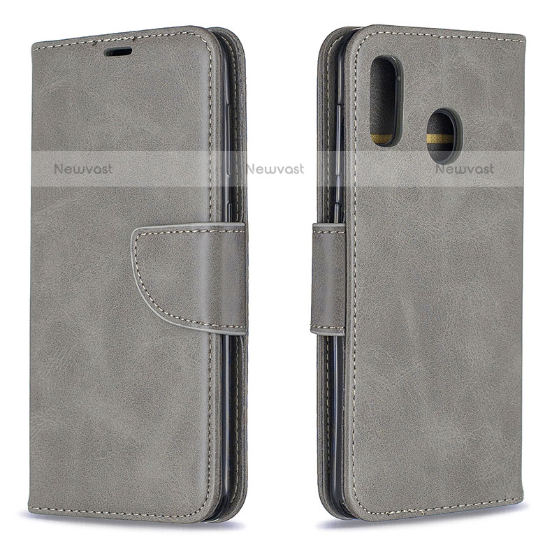 Leather Case Stands Flip Cover Holder B04F for Samsung Galaxy A20 Gray