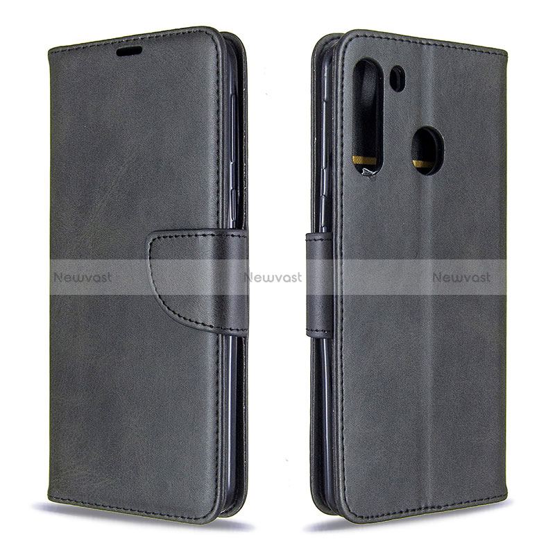 Leather Case Stands Flip Cover Holder B04F for Samsung Galaxy A21 Black