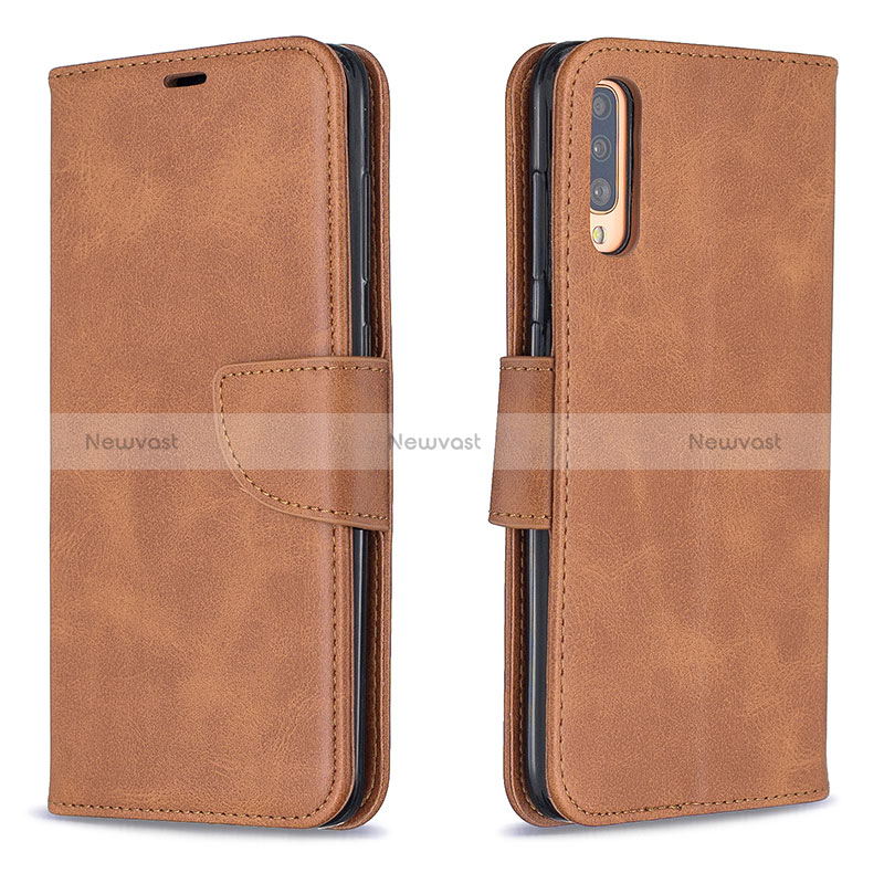 Leather Case Stands Flip Cover Holder B04F for Samsung Galaxy A70 Brown