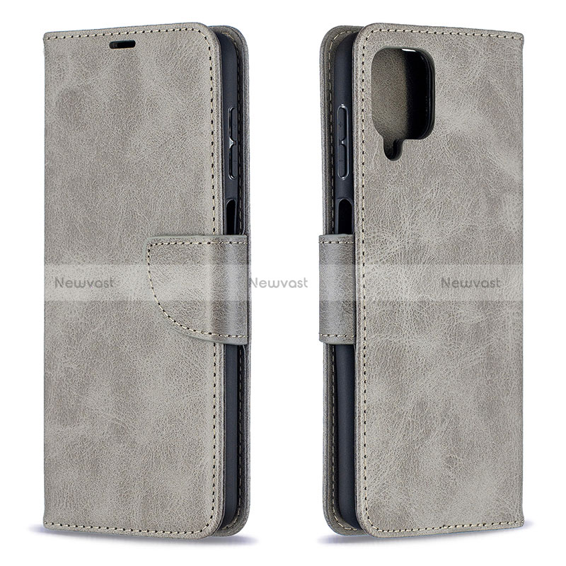 Leather Case Stands Flip Cover Holder B04F for Samsung Galaxy M12 Gray