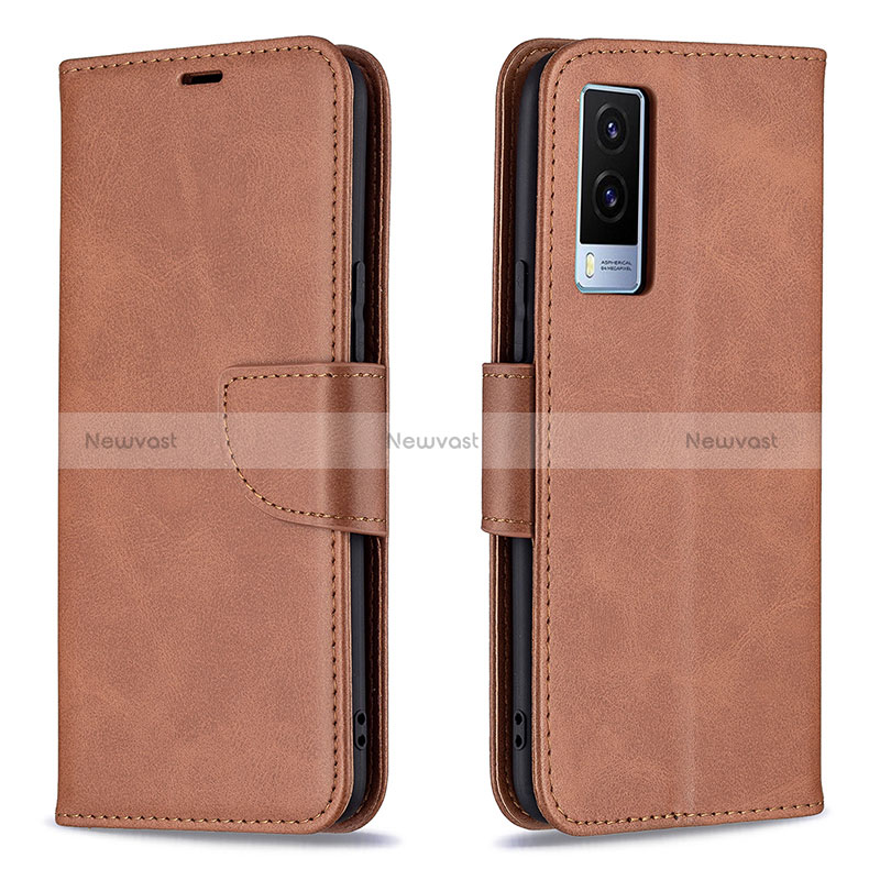 Leather Case Stands Flip Cover Holder B04F for Vivo V21e 5G Brown