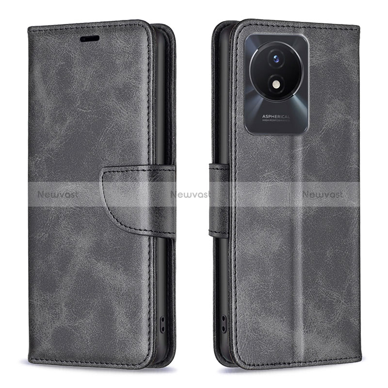 Leather Case Stands Flip Cover Holder B04F for Vivo Y02 Black