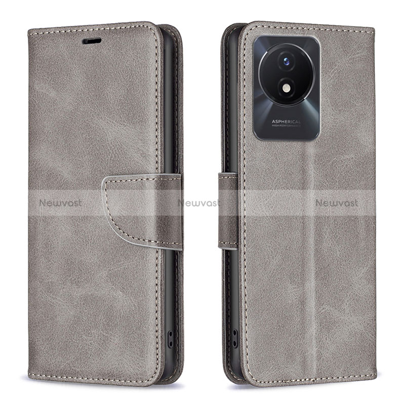 Leather Case Stands Flip Cover Holder B04F for Vivo Y02 Gray