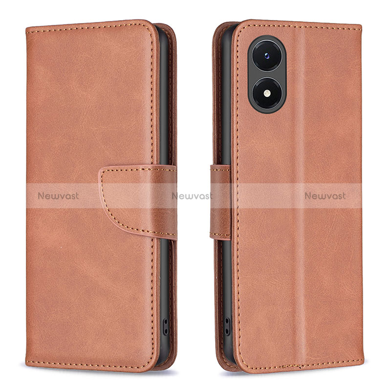 Leather Case Stands Flip Cover Holder B04F for Vivo Y02S Brown