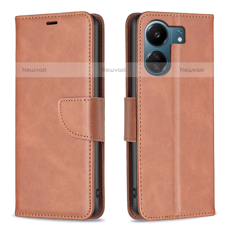 Leather Case Stands Flip Cover Holder B04F for Xiaomi Poco C65 Brown