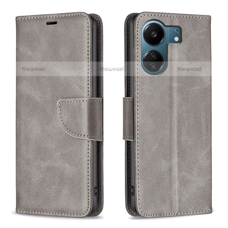 Leather Case Stands Flip Cover Holder B04F for Xiaomi Poco C65 Gray