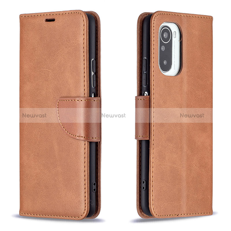 Leather Case Stands Flip Cover Holder B04F for Xiaomi Poco F3 5G Brown