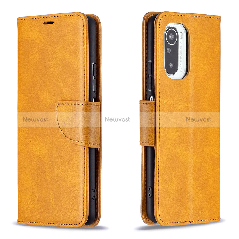 Leather Case Stands Flip Cover Holder B04F for Xiaomi Poco F3 5G Light Brown