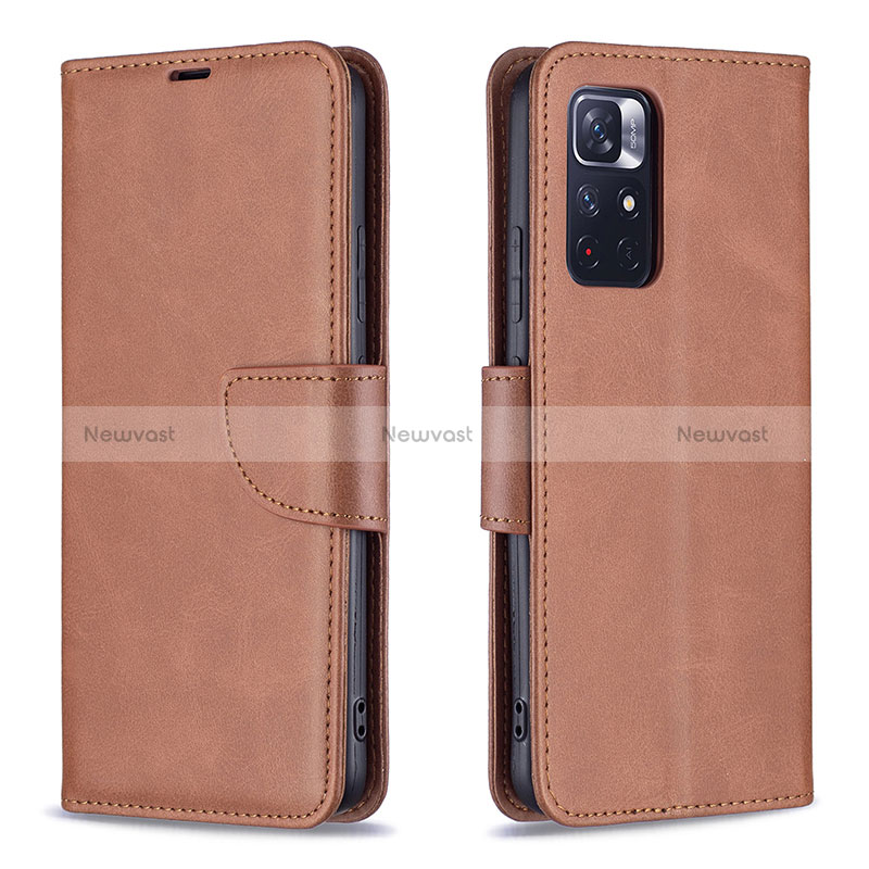 Leather Case Stands Flip Cover Holder B04F for Xiaomi Poco M4 Pro 5G Brown