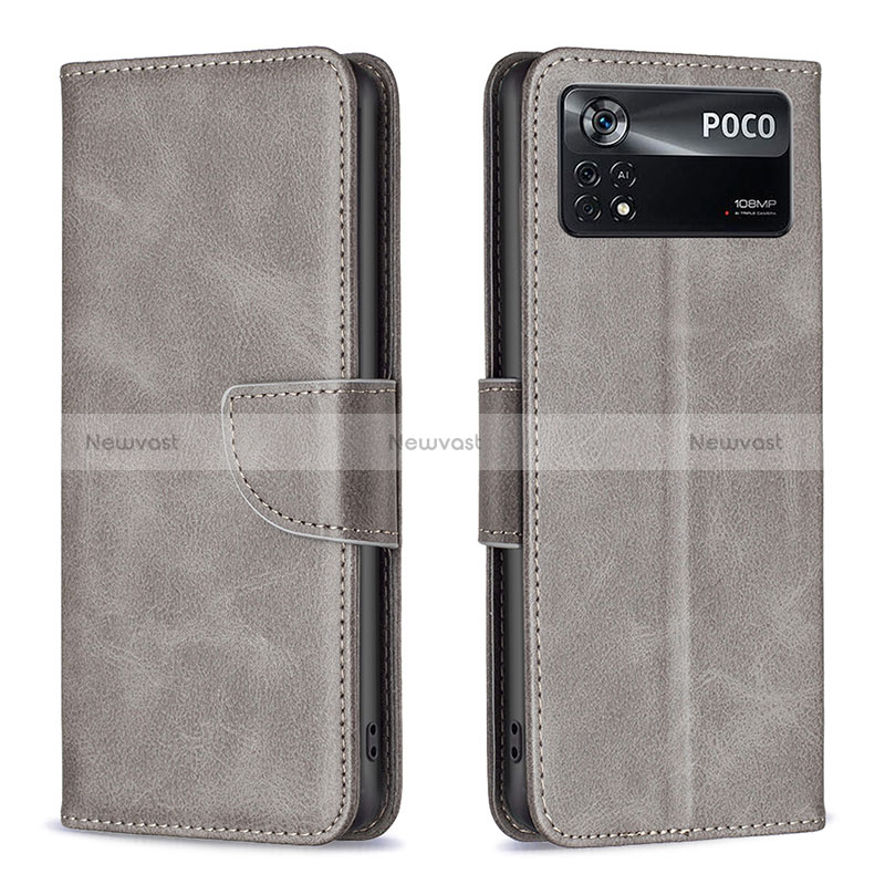 Leather Case Stands Flip Cover Holder B04F for Xiaomi Poco X4 Pro 5G Gray