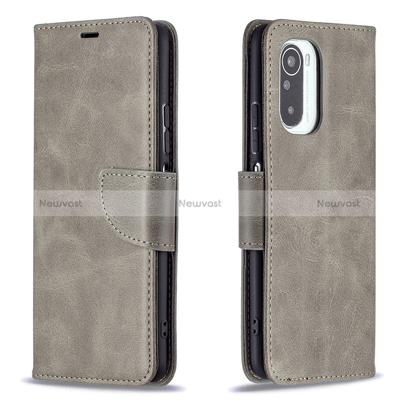 Leather Case Stands Flip Cover Holder B04F for Xiaomi Redmi K40 5G Gray