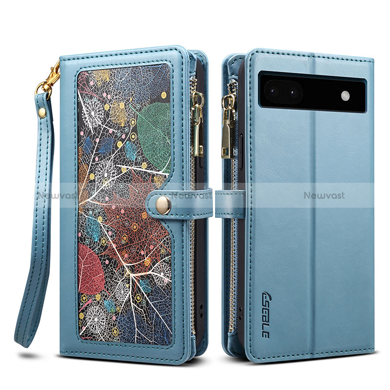 Leather Case Stands Flip Cover Holder B04S for Google Pixel 6a 5G Blue