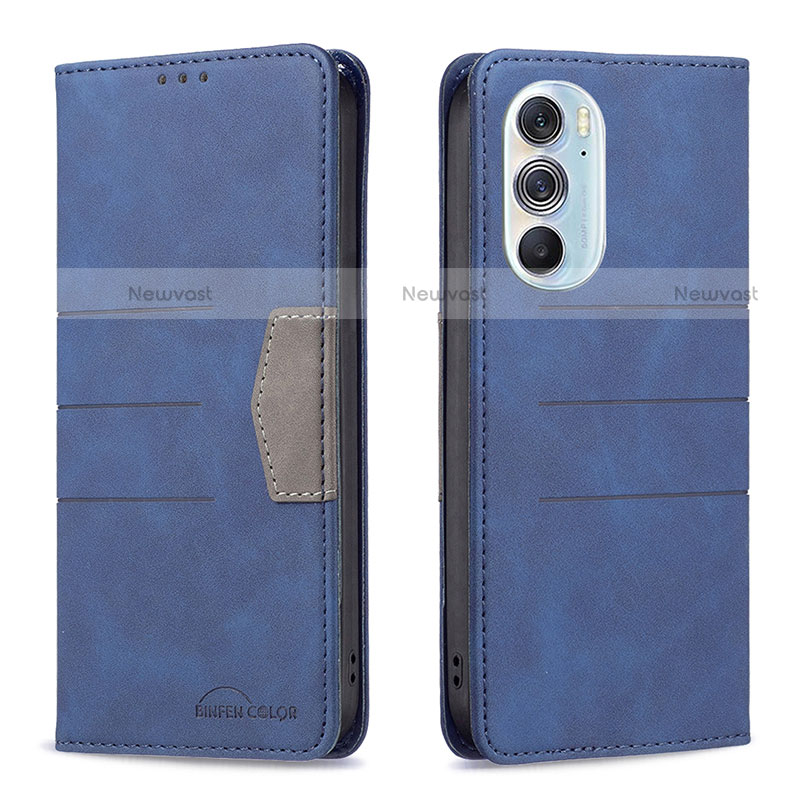 Leather Case Stands Flip Cover Holder B05F for Motorola Moto Edge Plus (2022) 5G Blue