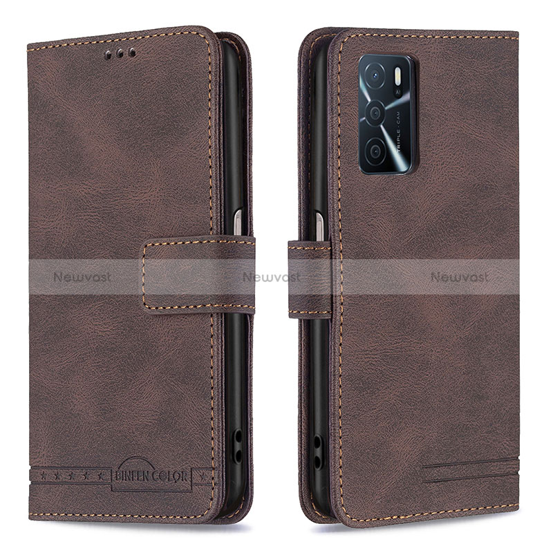 Leather Case Stands Flip Cover Holder B05F for Oppo A16 Brown