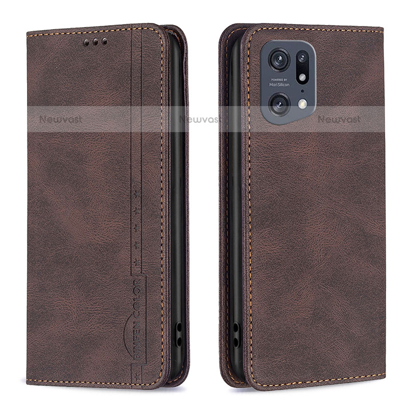 Leather Case Stands Flip Cover Holder B05F for Oppo Find X5 Pro 5G Brown