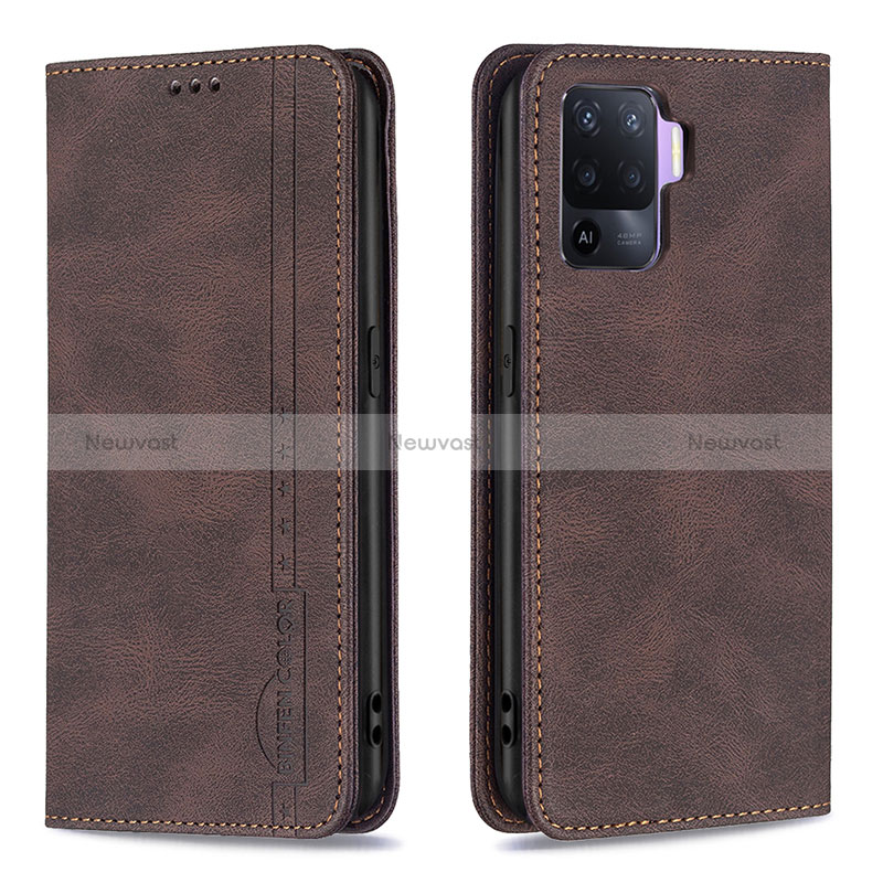Leather Case Stands Flip Cover Holder B05F for Oppo Reno5 Lite Brown