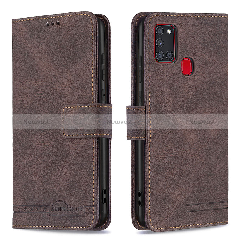 Leather Case Stands Flip Cover Holder B05F for Samsung Galaxy A21s Brown