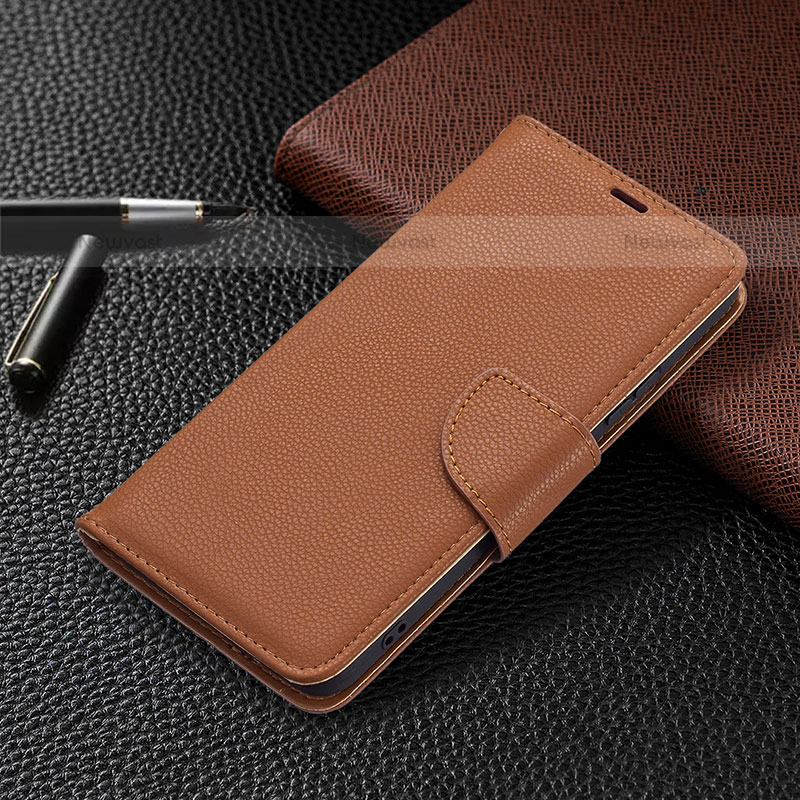 Leather Case Stands Flip Cover Holder B05F for Samsung Galaxy S21 5G Brown