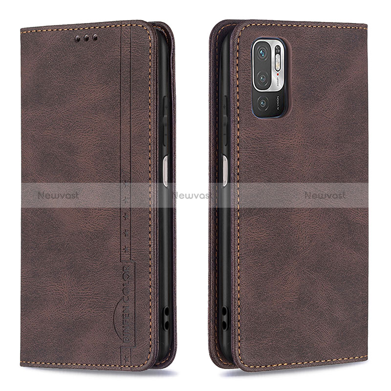 Leather Case Stands Flip Cover Holder B05F for Xiaomi POCO M3 Pro 5G Brown