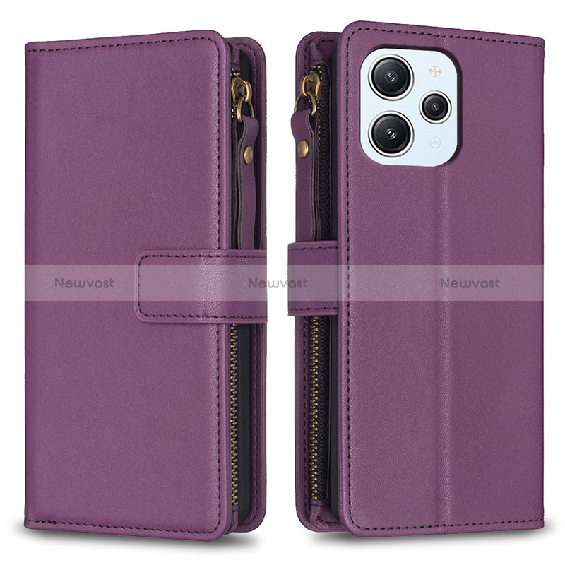 Leather Case Stands Flip Cover Holder B05F for Xiaomi Redmi 12 4G Purple