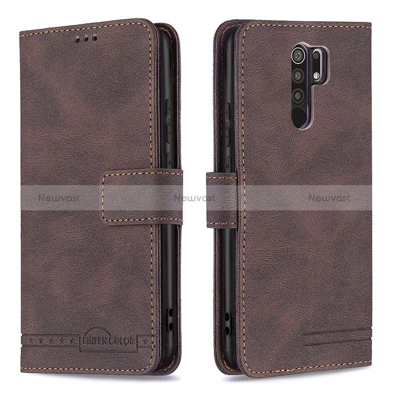 Leather Case Stands Flip Cover Holder B05F for Xiaomi Redmi 9 Prime India Brown